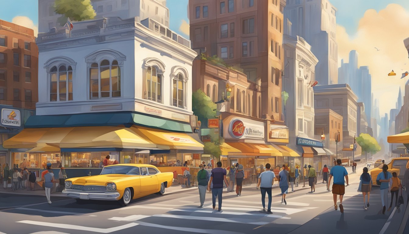 A busy city street with a White Castle and a Fatburger restaurant facing each other, surrounded by bustling traffic and pedestrians