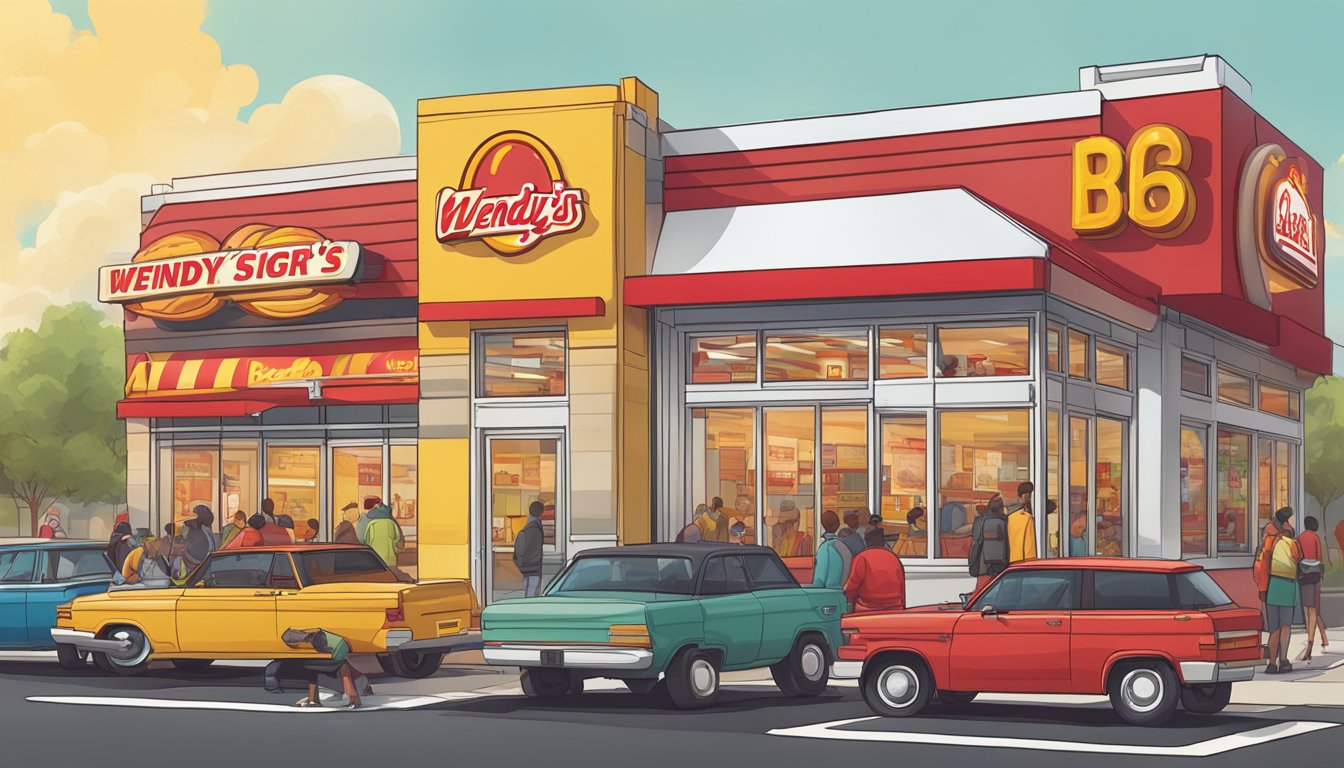 A crowded fast food restaurant with a Wendy's and Carl's Jr. side by side, each with their signature red and yellow signage