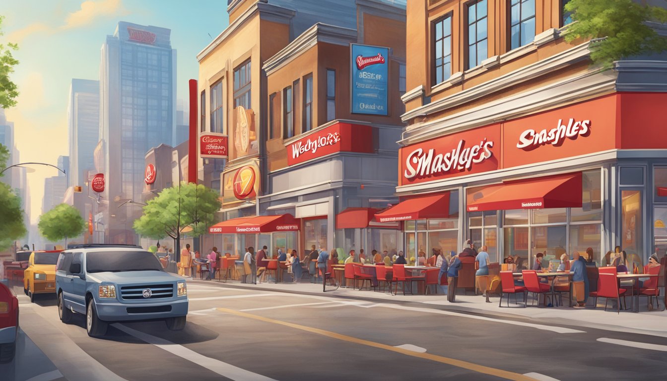 Two fast food restaurants, Wendy's and Smashburger, stand side by side in a bustling city center, each adorned with bright signage and surrounded by a stream of hungry customers