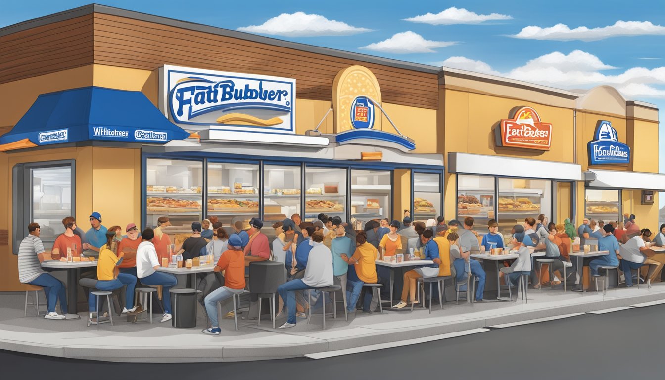 A crowded fast-food restaurant with a line of customers at both White Castle and Fatburger, each displaying their respective logos and menu items