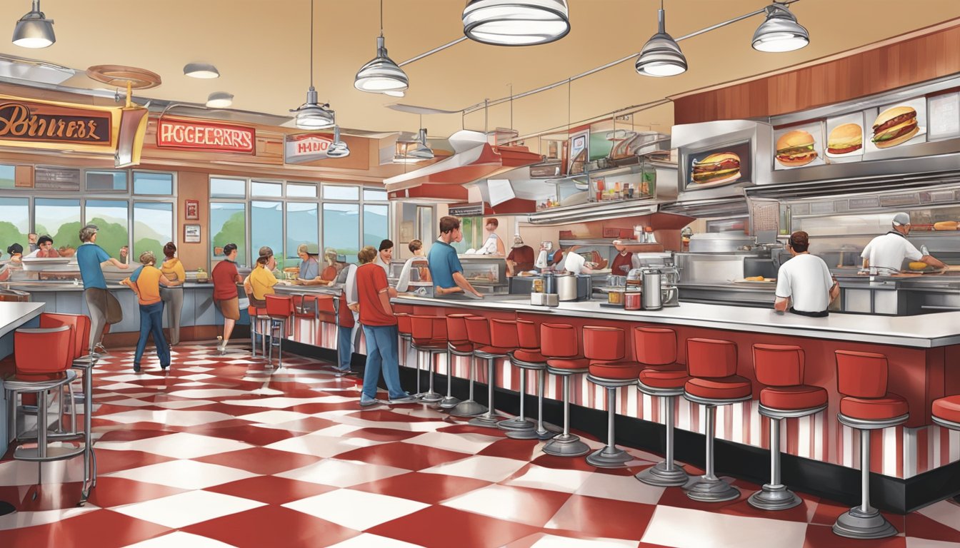 A bustling diner with red and white checkered floors, patrons enjoying burgers and milkshakes at tables, while chefs grill burgers behind the counter