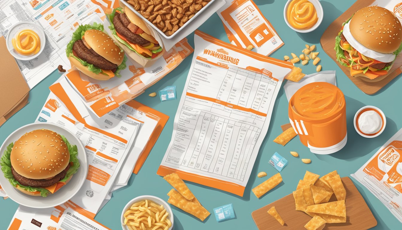 A table with Whataburger and Jack in the Box food items, surrounded by nutritional labels and charts