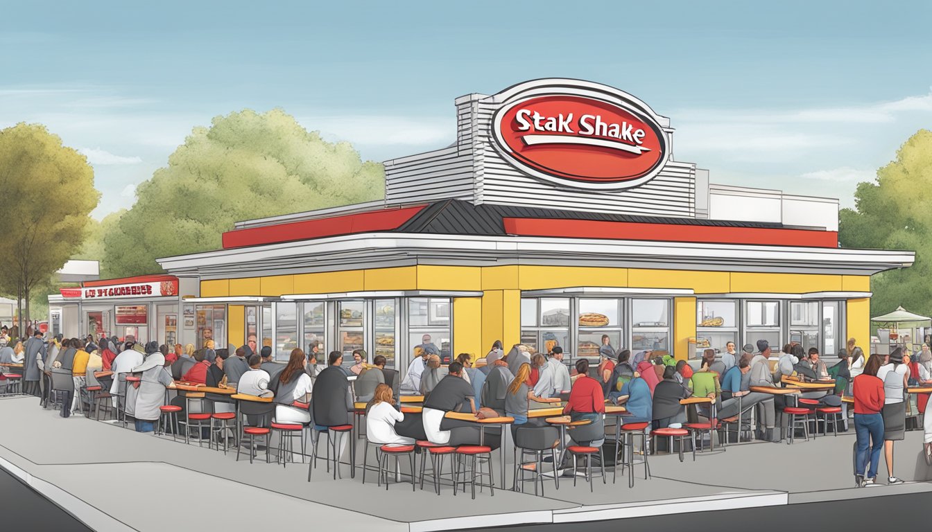 A bustling steak n shake and fatburger side by side, with customers lined up at each counter and outdoor seating filled with patrons enjoying their meals