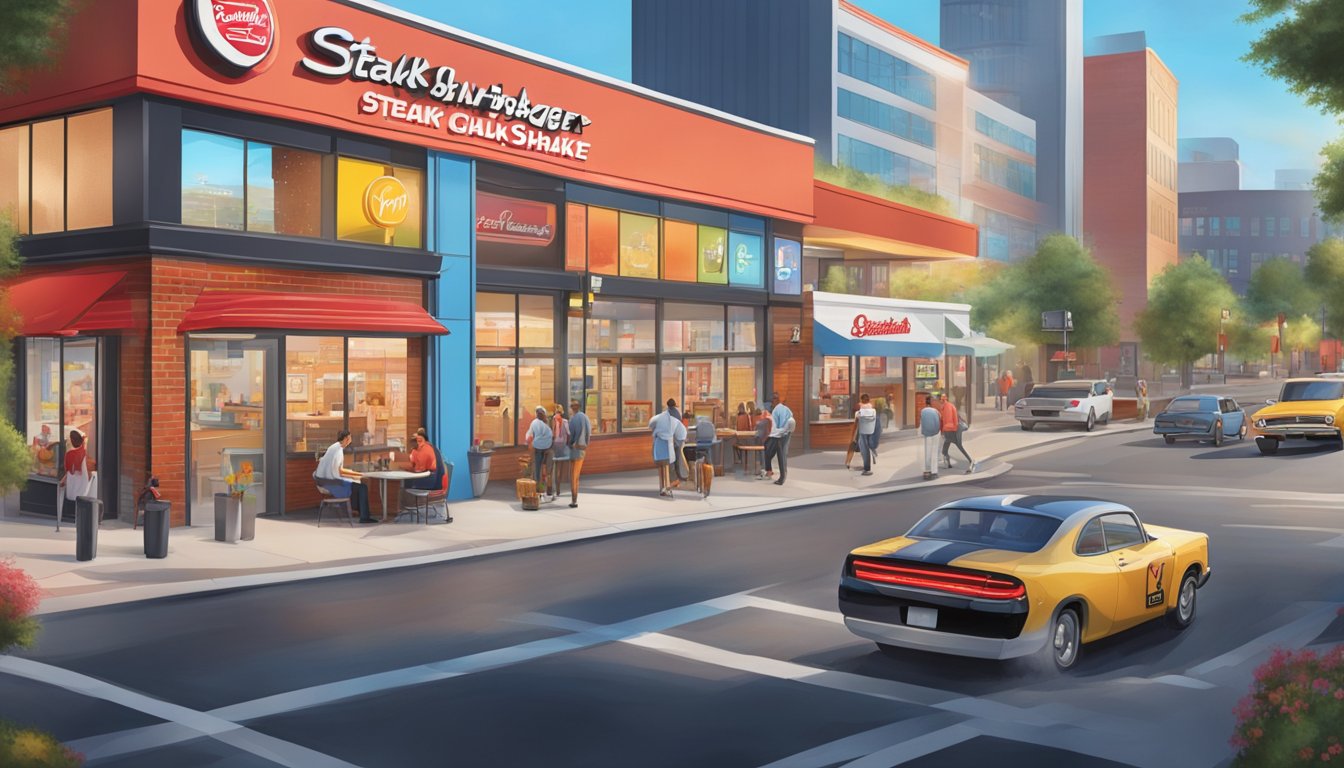 A bustling city street with a modern Steak 'n Shake and Fatburger side by side, colorful signs and logos visible