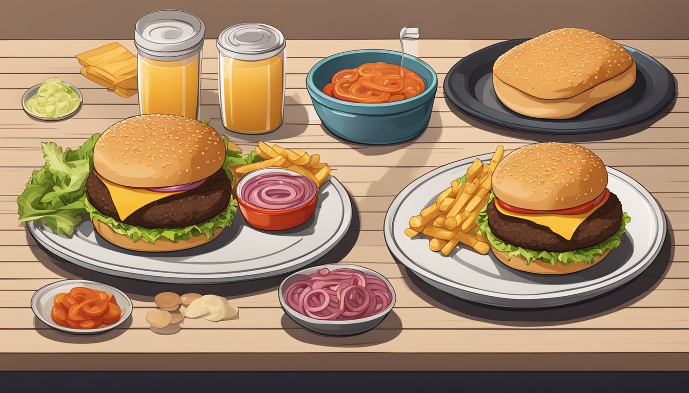 A table with two plates of burgers, surrounded by nutritional labels and ingredients