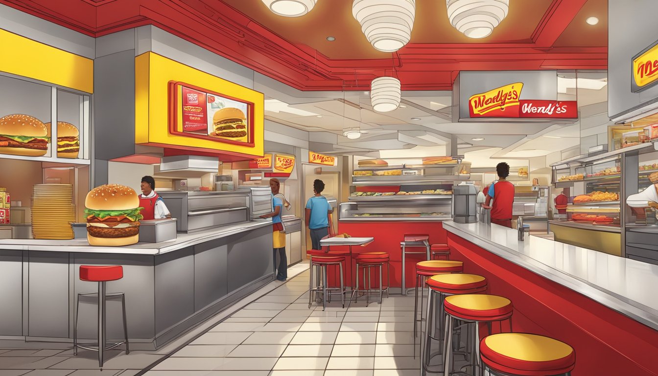 A bustling fast-food restaurant, with vibrant red and yellow decor, featuring a large sign for Wendy's on one side and In-N-Out Burger on the other