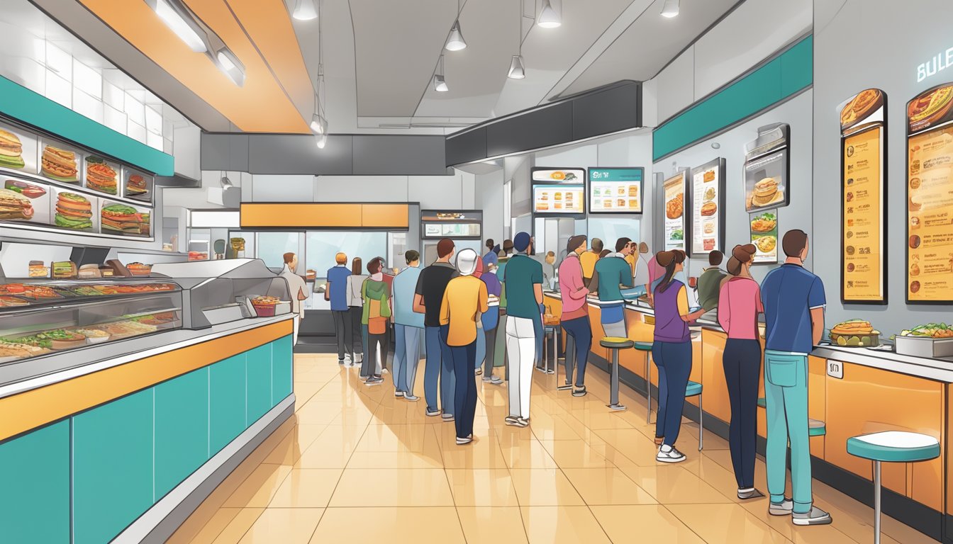 A bustling fast food restaurant with a modern design, featuring sleek digital menu boards and a line of customers eagerly waiting to order