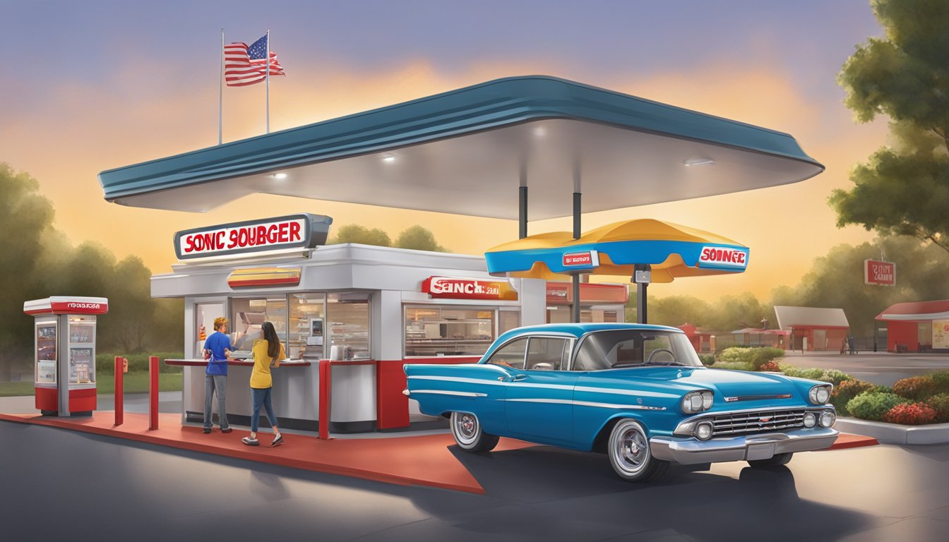 A car pulls up to a Sonic Drive-In stall, while a customer orders at Smashburger's counter. Both restaurants have their unique service models on display