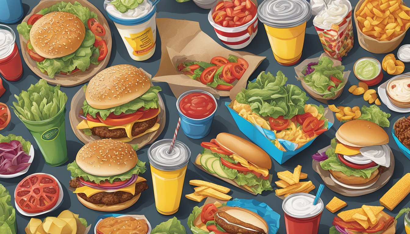 A colorful spread of fresh ingredients and nutritional labels, contrasting Sonic Drive-In and Smashburger items