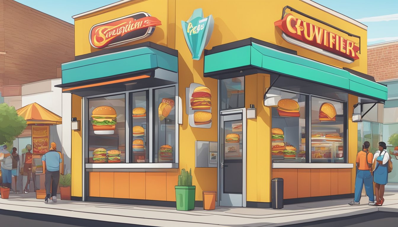 Two fast-food restaurants stand side by side, their bright logos and colorful signage competing for attention. A steady stream of customers flows in and out of each location