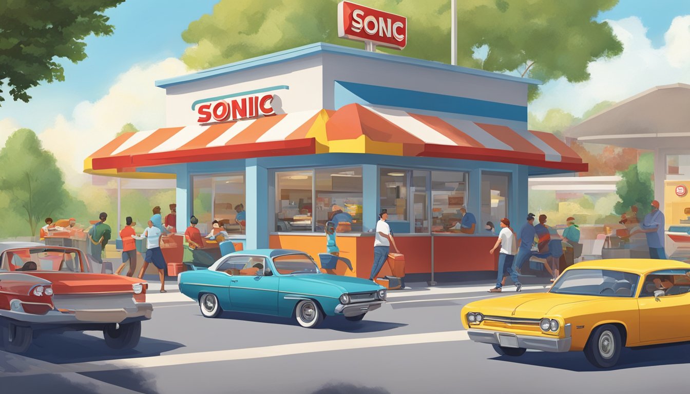 A bustling Sonic Drive-In with carhops delivering food vs a modern Smashburger with customers enjoying their meals