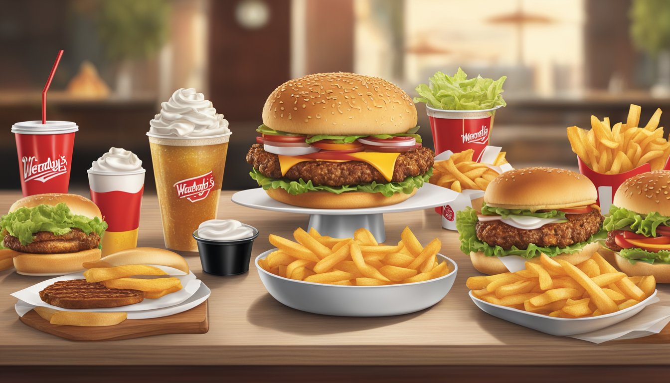 A table with a spread of popular menu items from Wendy's and Fatburger, including burgers, fries, and drinks, arranged in an appetizing display