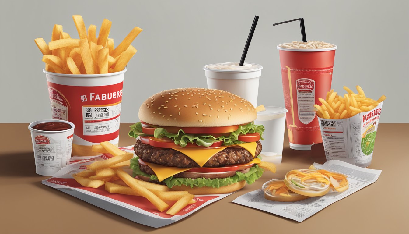 A table with fast food items from Wendy's and Fatburger, including burgers, fries, and drinks, with nutrition information displayed