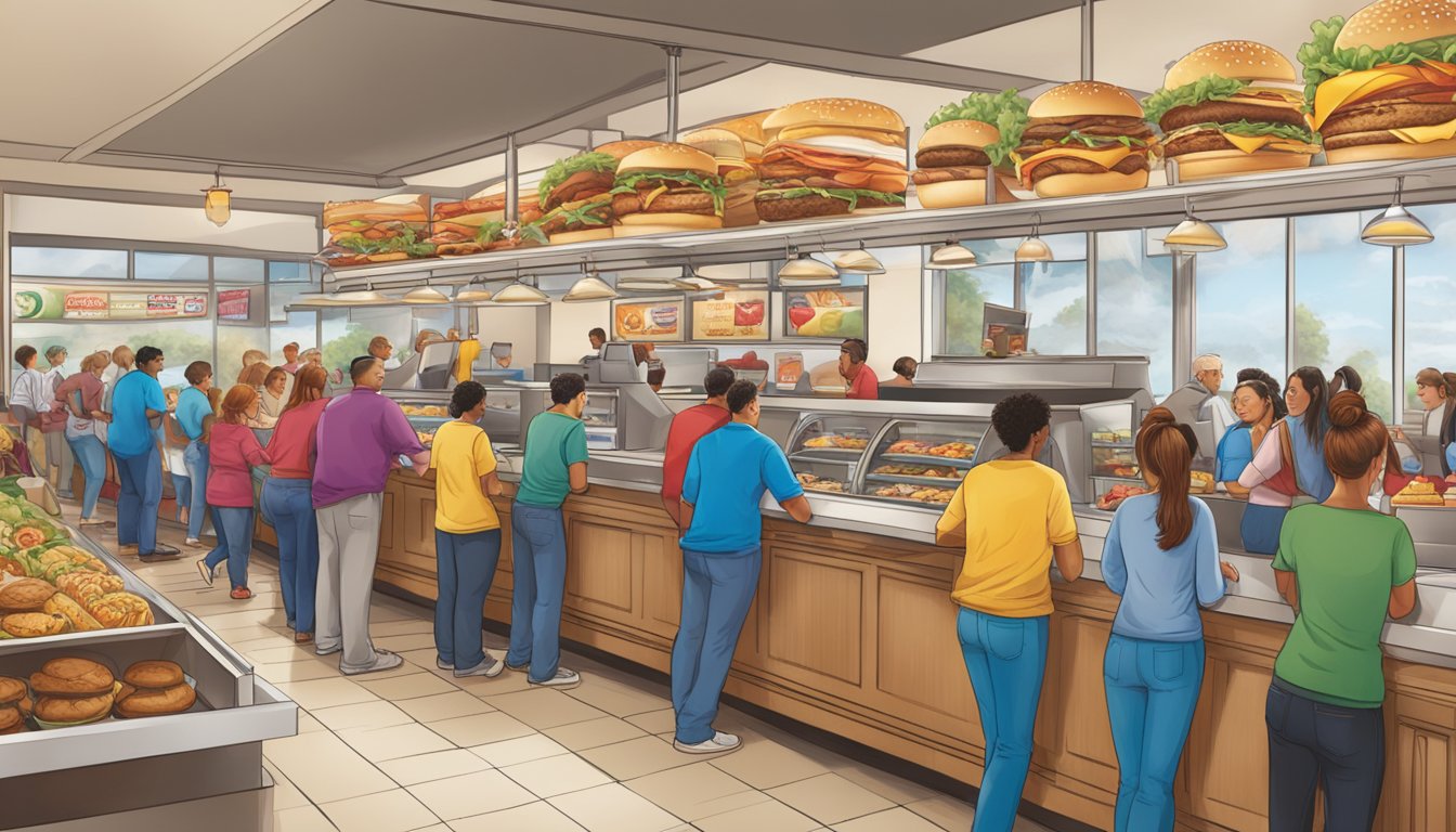 A bustling fast-food restaurant with a line of customers, each proudly displaying their loyalty to either Wendy's or Culver's through branded clothing and accessories