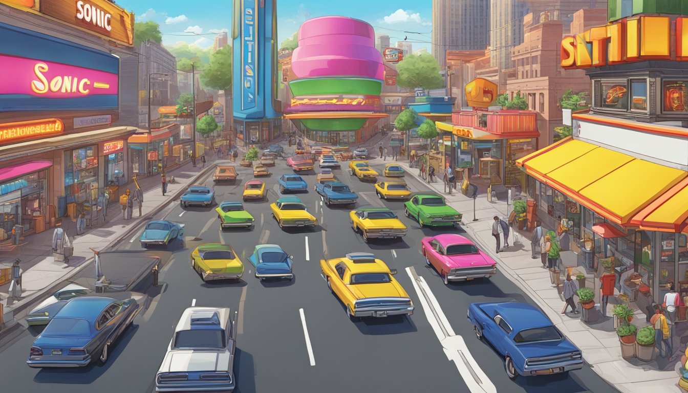 A bustling city street with neon signs for Sonic Drive-In and Fatburger, surrounded by busy traffic and pedestrians