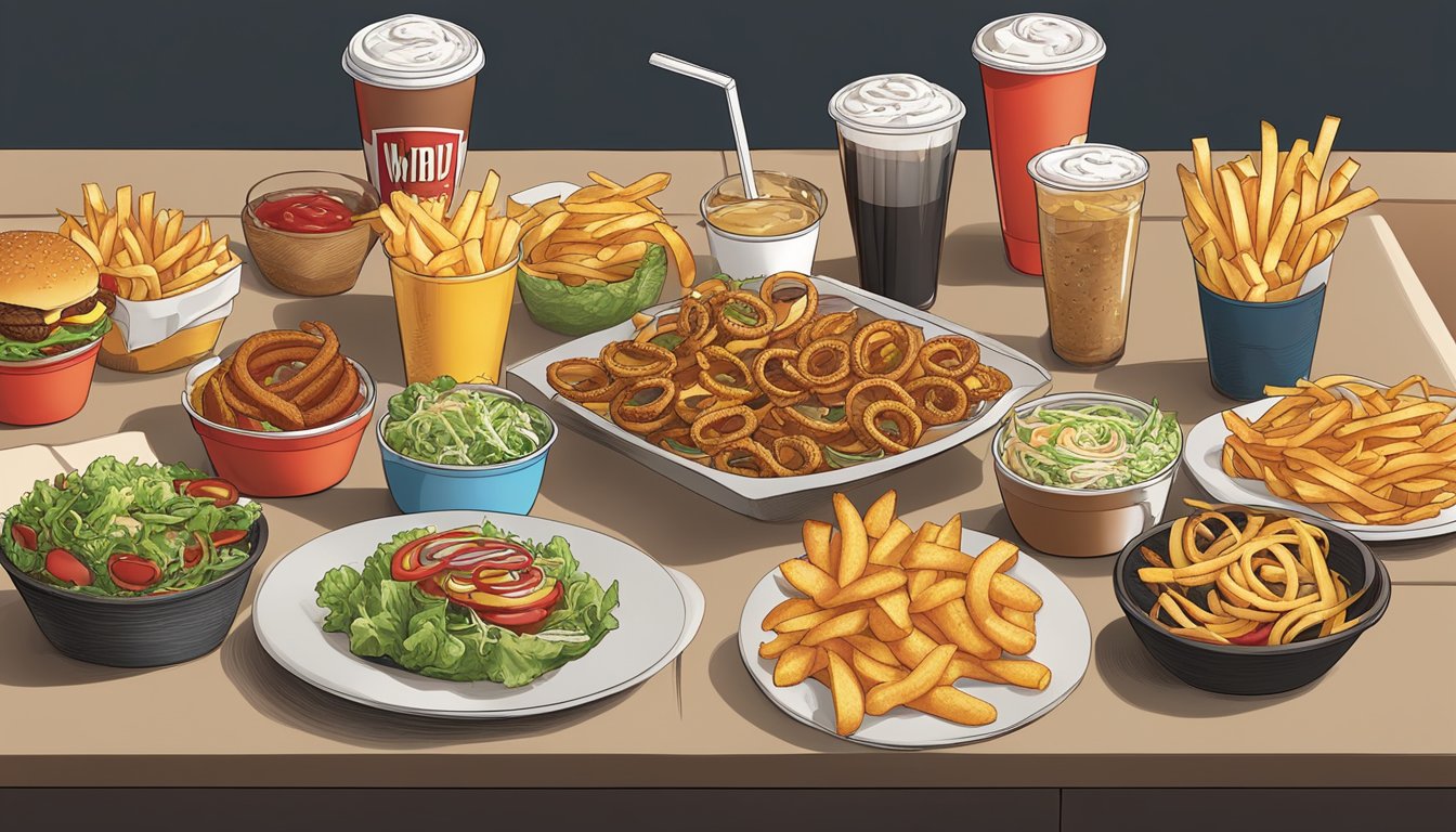 A table with a variety of side orders and alternatives from Wendy's and Fatburger, including fries, onion rings, salads, and drinks