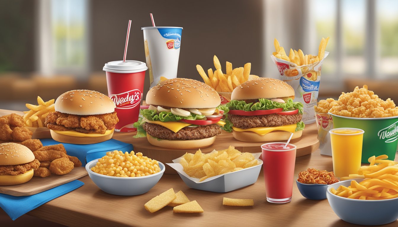 A table with a spread of fast food items from Wendy's and Culver's, showcasing their nutritional value and ingredients