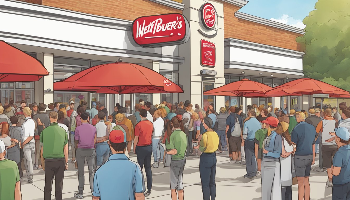 Customers holding wendy's and fatburger branded merchandise, standing in line at their respective restaurants, with a crowd of people in the background