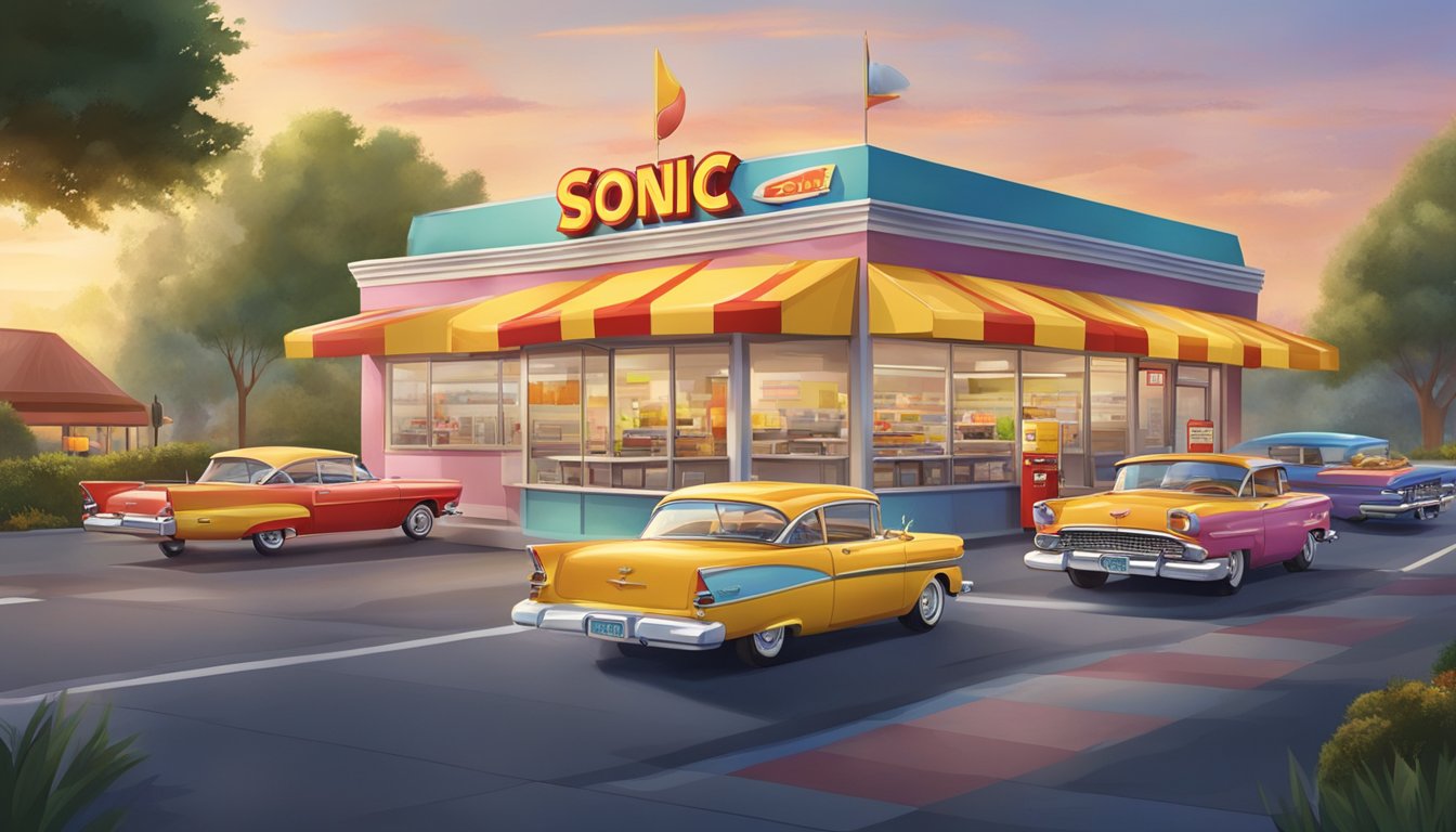 A bustling Sonic Drive-In with colorful carhops delivering trays of burgers and shakes, while a Fatburger restaurant sizzles with juicy patties on the grill