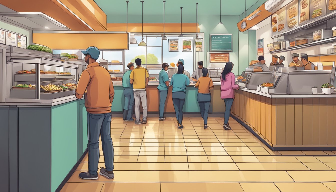 A bustling fast food restaurant with colorful menu boards and customers ordering at the counter, while employees prepare and serve food behind the scenes