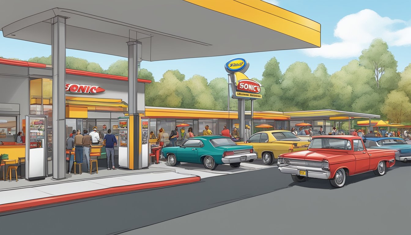 A busy drive-thru at Sonic with cars lined up, while a bustling Fatburger restaurant with customers seated and staff taking orders