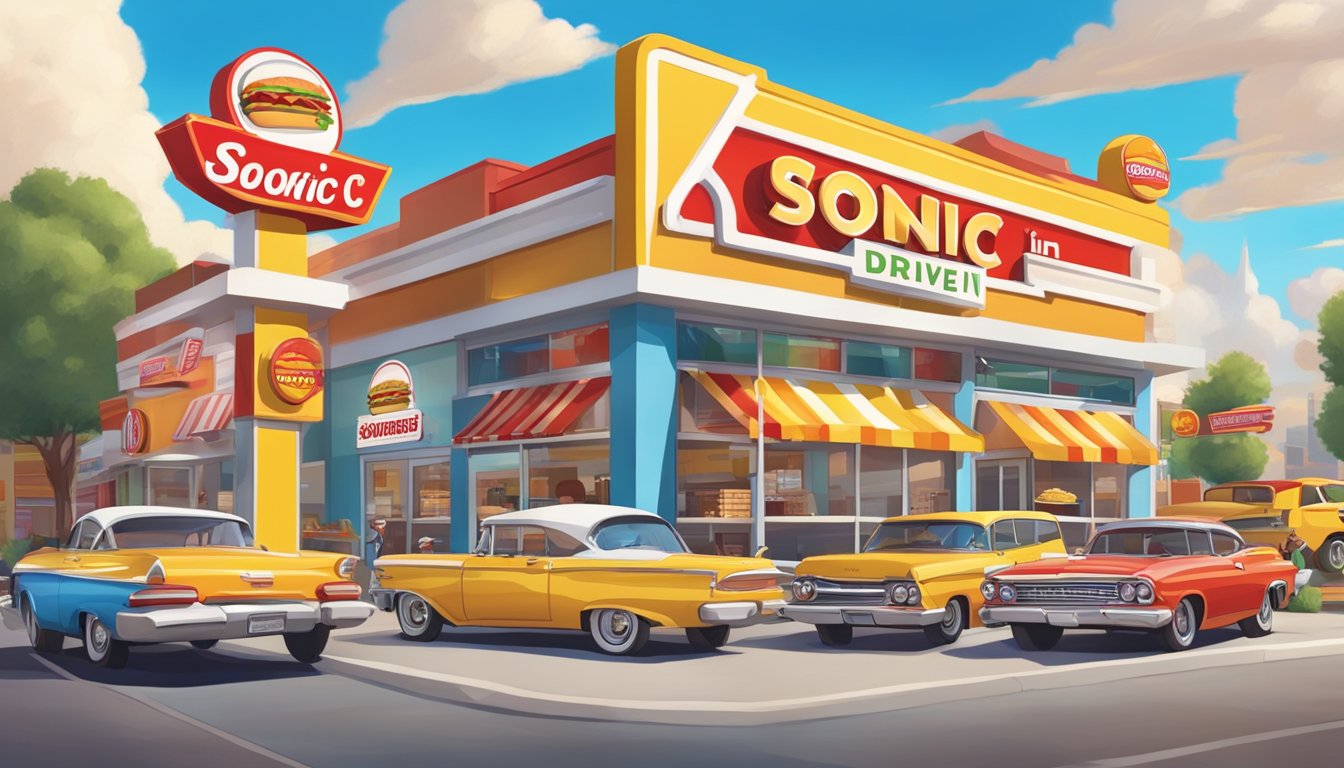 A bustling fast food street with colorful signs featuring Sonic Drive-In and Fatburger, showcasing their respective burger varieties and styles