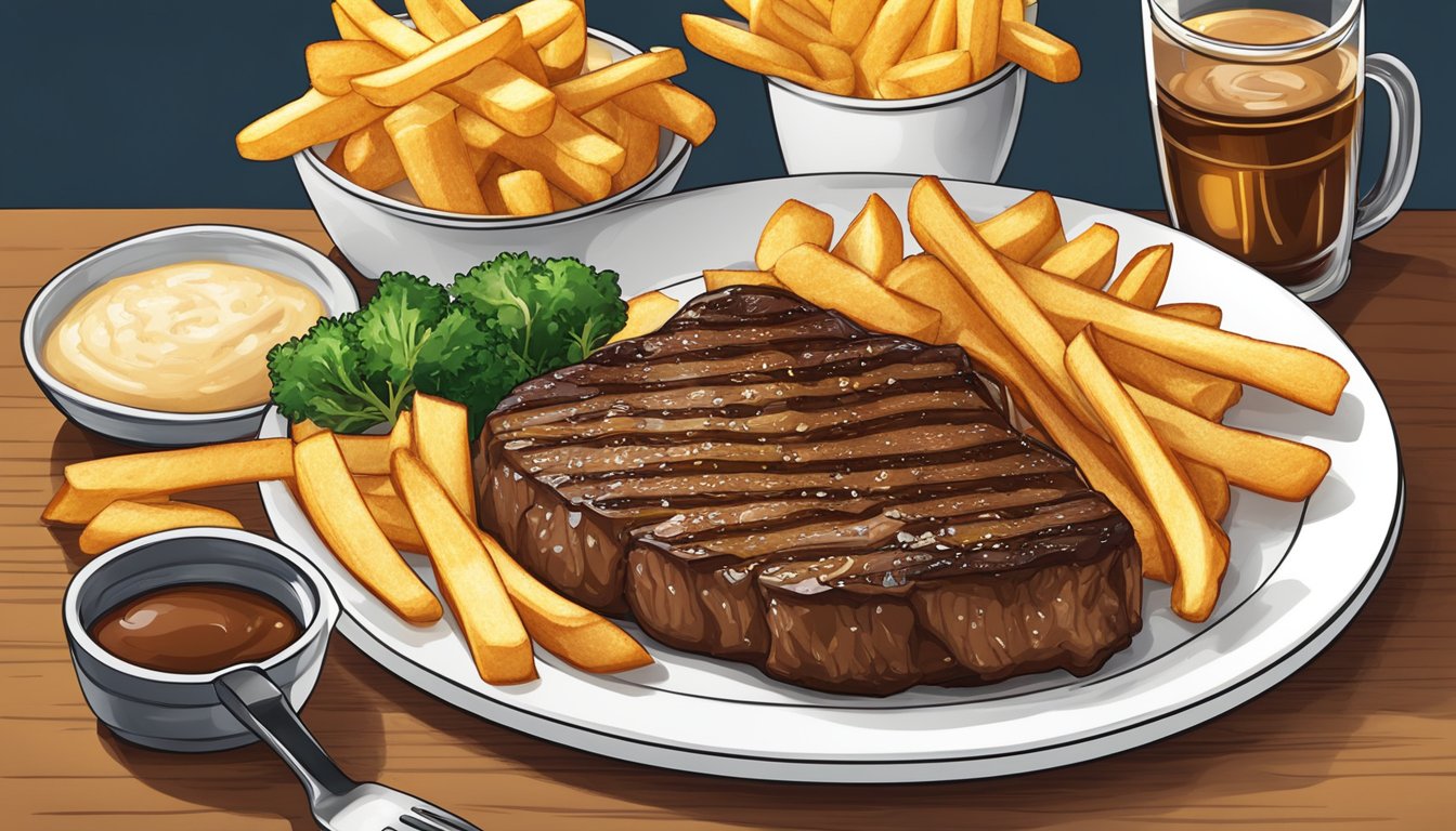 A sizzling steak sizzles on a clean, white plate next to a side of golden, crispy fries. The ingredients are fresh and high-quality, ready to be enjoyed