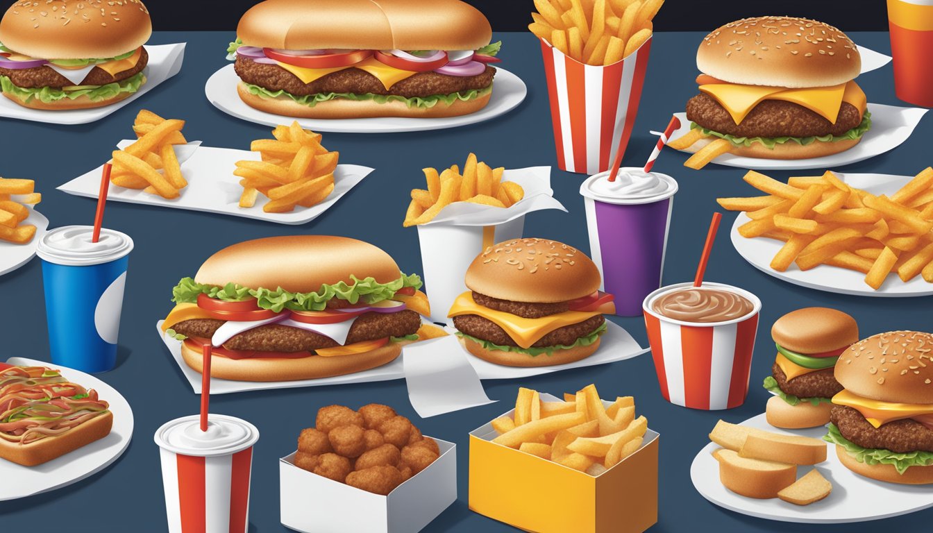 A colorful spread of fast food items from Sonic Drive-In and White Castle arranged on a table, showcasing burgers, fries, and drinks