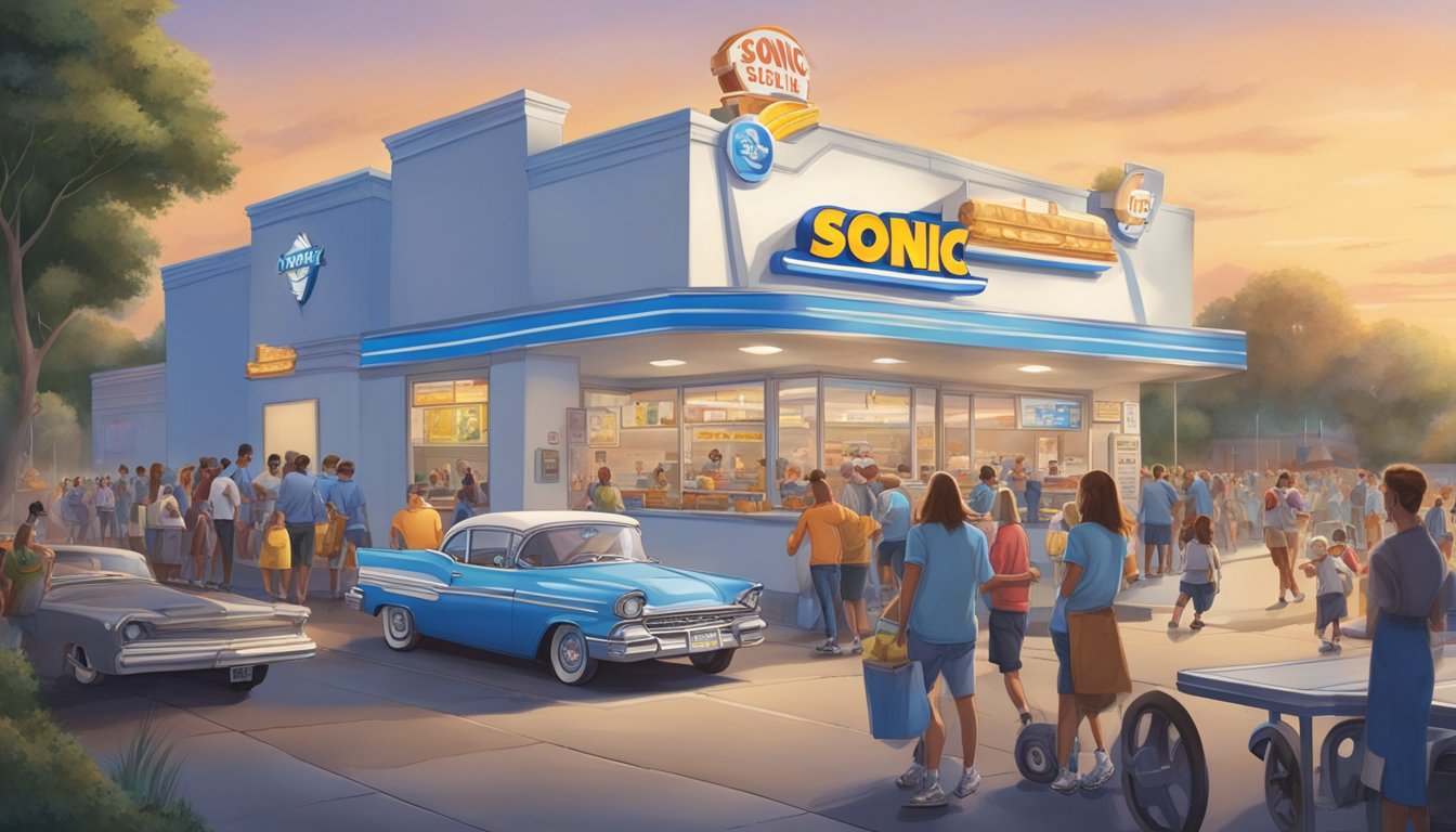 A bustling Sonic Drive-In with carhops delivering food on roller skates, contrasted with a busy White Castle with customers lined up for sliders