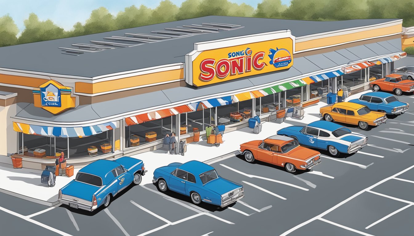 A crowded parking lot with cars lining up at the drive-thru windows of Sonic Drive-In and White Castle, each displaying their distinct logos and branding