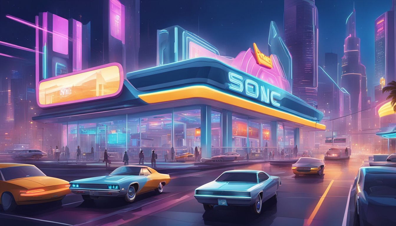 A futuristic cityscape with a sleek Sonic Drive-In and a modern White Castle, surrounded by bustling traffic and vibrant neon lights