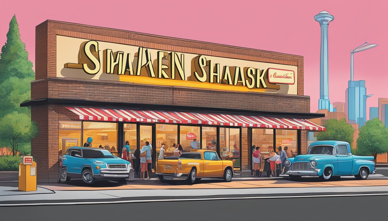 Two iconic burger chains, Shake Shack and Steak 'n Shake, stand side by side, their colorful signs drawing in hungry customers. The aroma of sizzling patties fills the air, as people eagerly line up for their favorite fast food