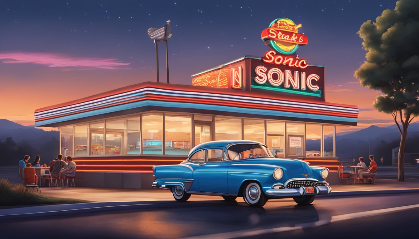 A car pulls into the brightly lit Sonic Drive-In with servers on roller skates. Across the street, the retro neon sign of Steak 'n Shake glows in the night