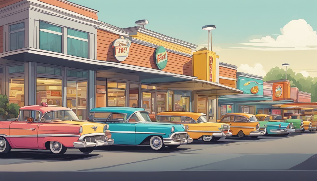 A bustling fast food drive-thru with colorful menu boards and cars lined up, contrasting with a cozy diner with booths and a retro jukebox