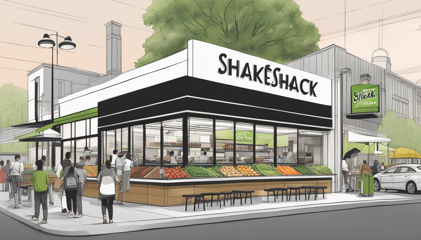 A bustling Shake Shack with fresh produce and locally-sourced ingredients contrasts with a quiet Steak 'n Shake with industrial food suppliers