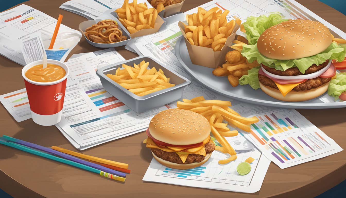 A table with fast food items from Sonic Drive-In and Jack in the Box, surrounded by nutritional analysis charts and comparison notes