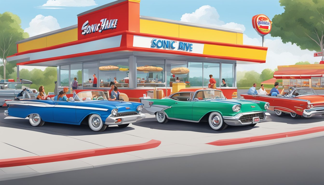 A bustling Sonic Drive-In and Steak 'n Shake side by side, with colorful carhops serving meals and customers enjoying their food in their cars