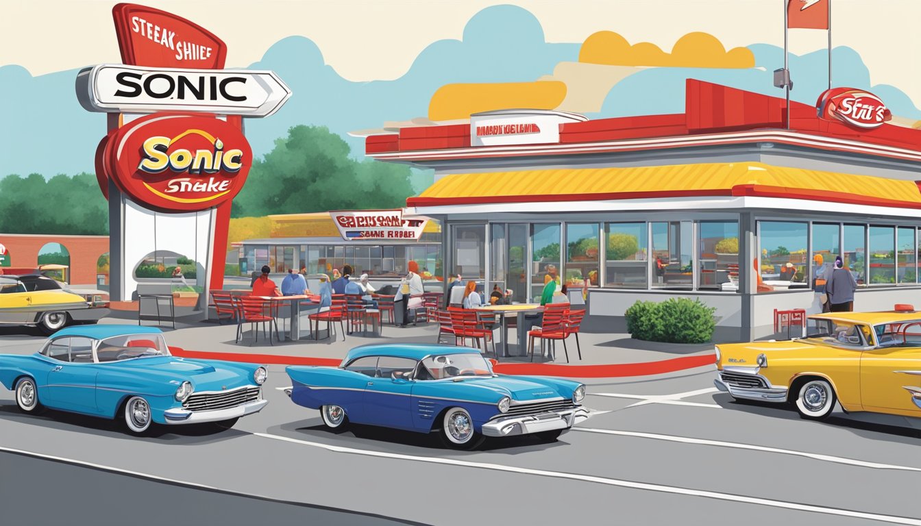 A bustling Sonic Drive-In and Steak 'n Shake sit side by side, each with a line of cars waiting to order. Bright signs and colorful menus adorn the drive-thru areas