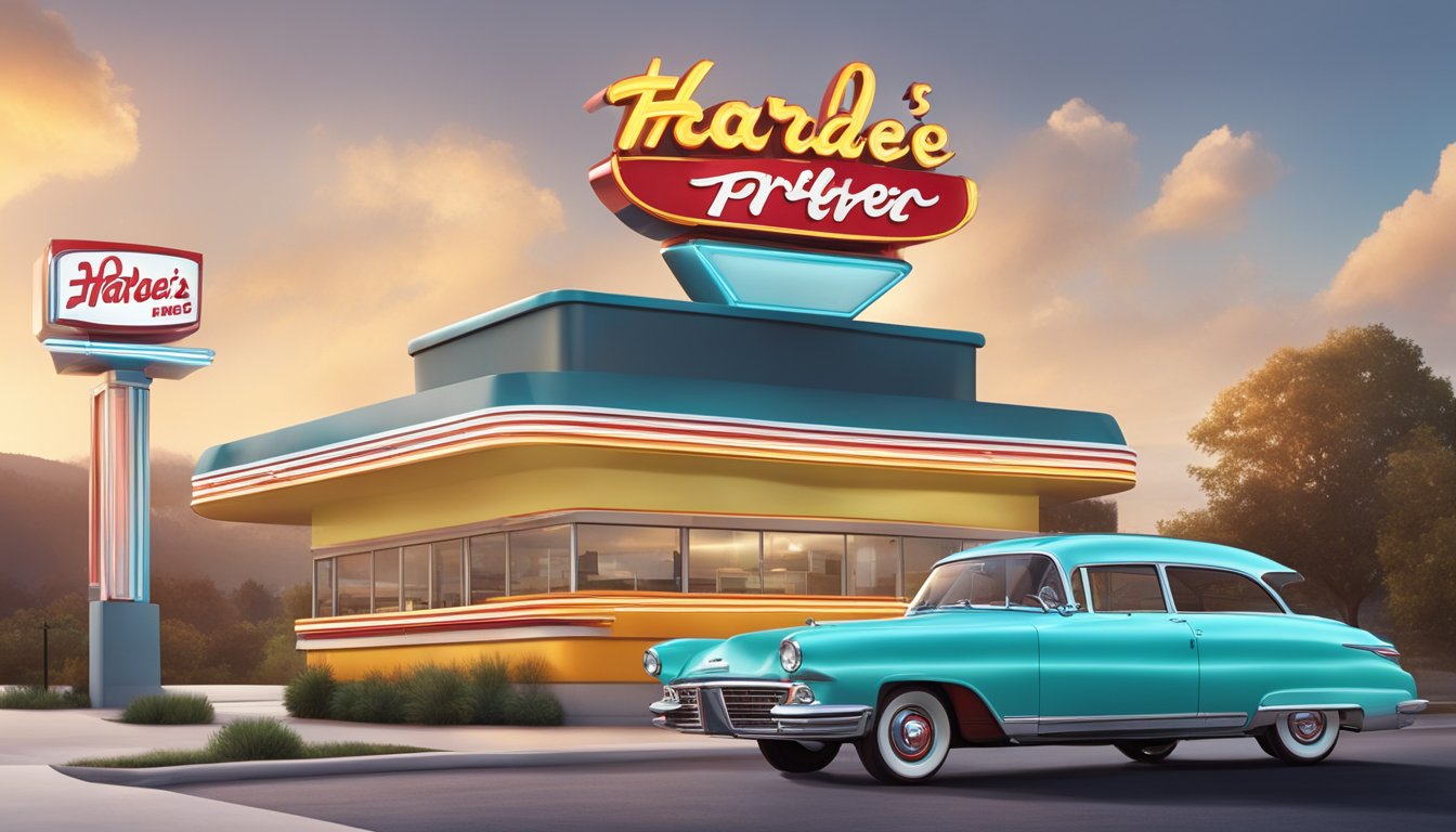 A retro-style drive-in sign with a carhop delivering food contrasts with a modern Hardee's logo on a sleek, futuristic building