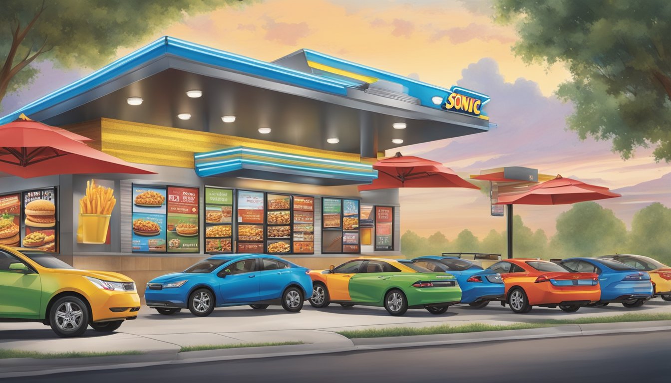 A bustling drive-thru with colorful menu boards at Sonic Drive-In, while Hardee's displays its offerings on a large outdoor sign