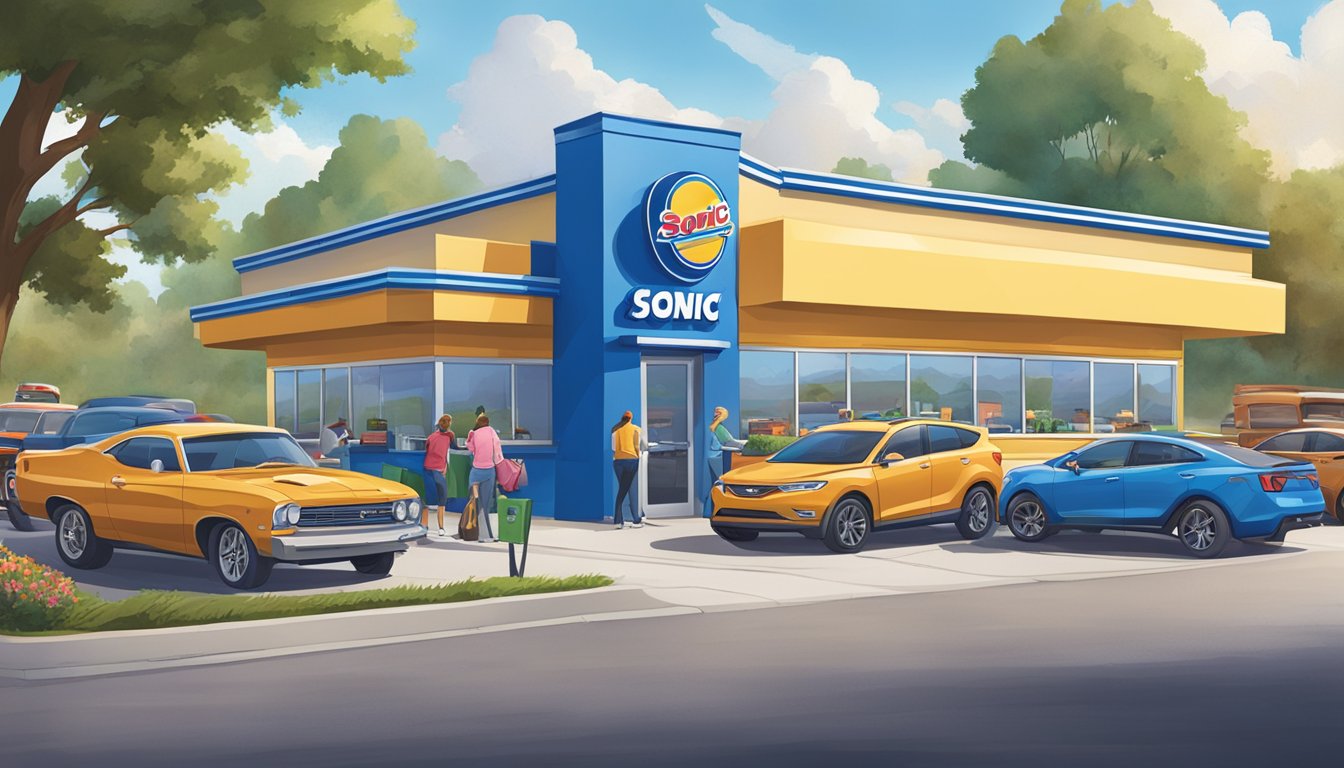 A busy drive-thru with colorful signage and cars lined up at Sonic Drive-In, while customers enjoy outdoor seating at Culver's