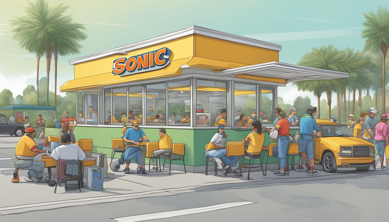 A busy drive-thru at Sonic with carhops delivering food on roller skates, while at Hardee's, customers wait in line at the counter