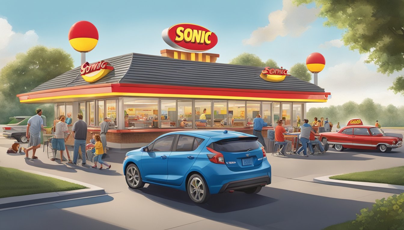 A bustling Sonic Drive-In with carhops serving food, contrasted with a busy Hardee's restaurant with customers enjoying their meals