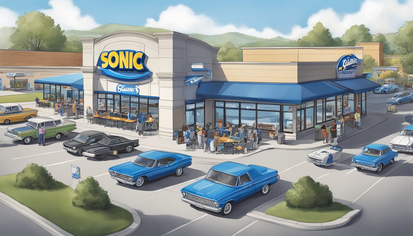 A bustling Sonic Drive-In and Culver's, both with long lines of customers, situated next to each other in a suburban setting