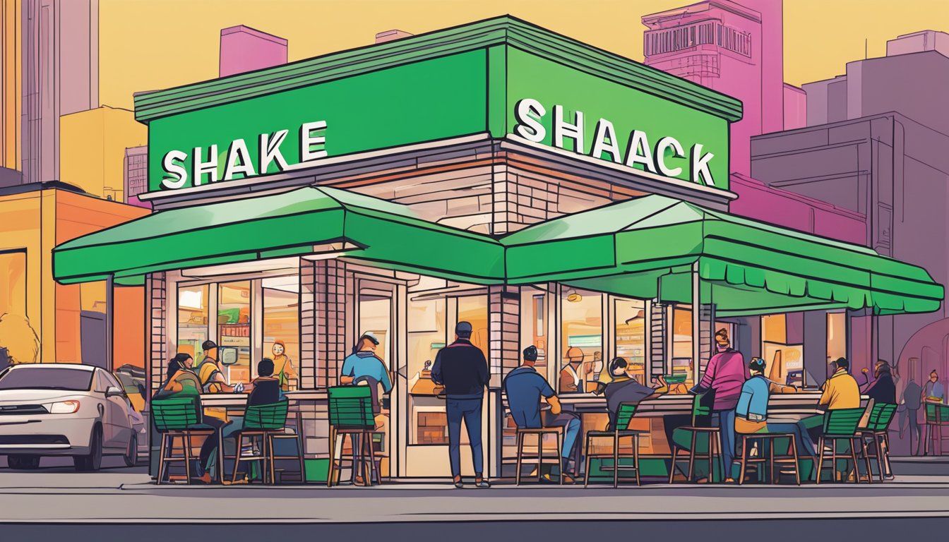 A bustling Shake Shack with a modern, clean aesthetic contrasts with a busy Jack in the Box adorned with bright, bold colors and a retro vibe