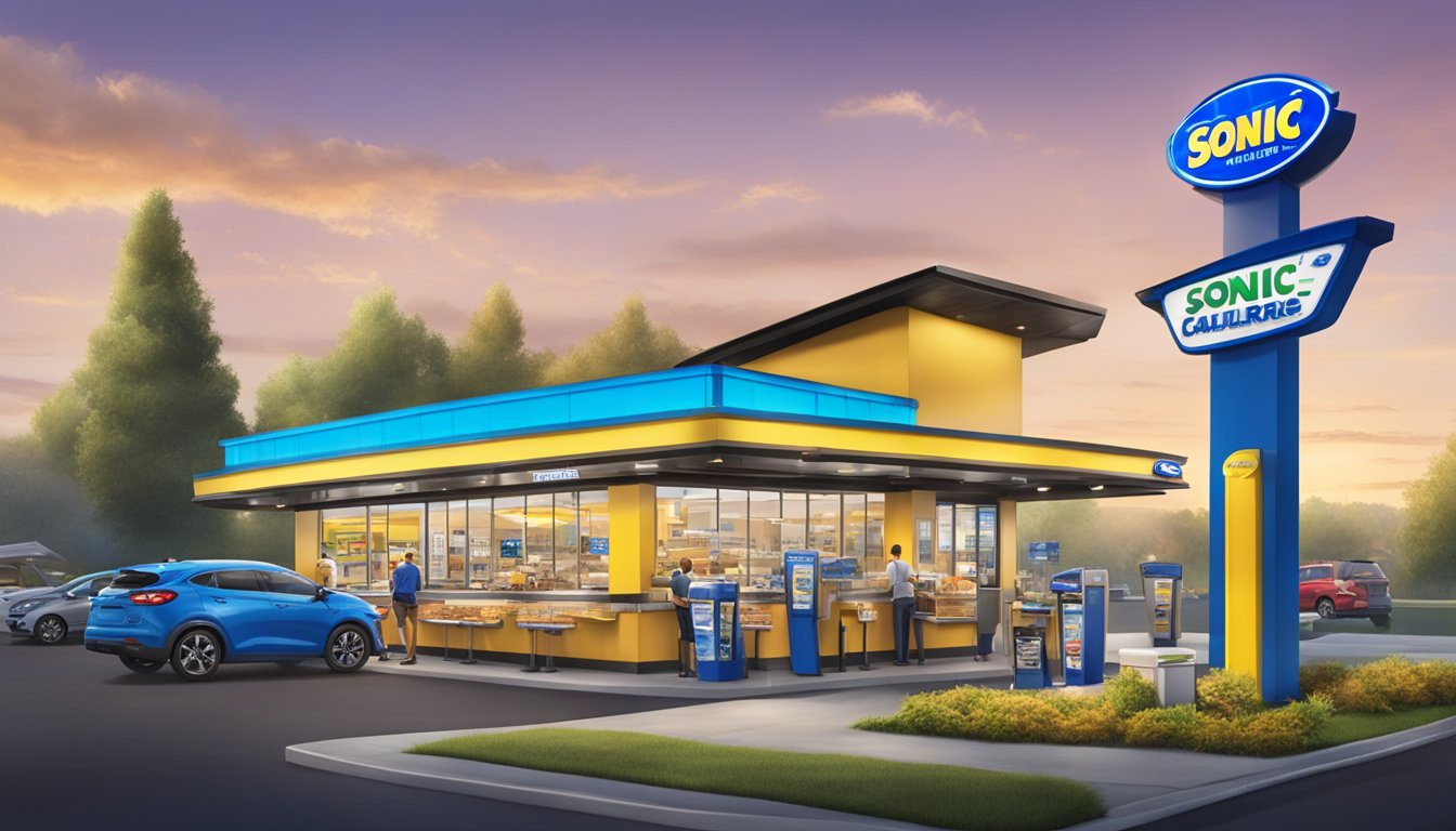 A busy drive-thru at Sonic with colorful menu boards and carhops delivering food, while Culver's features a variety of frozen custard and butter burgers on display