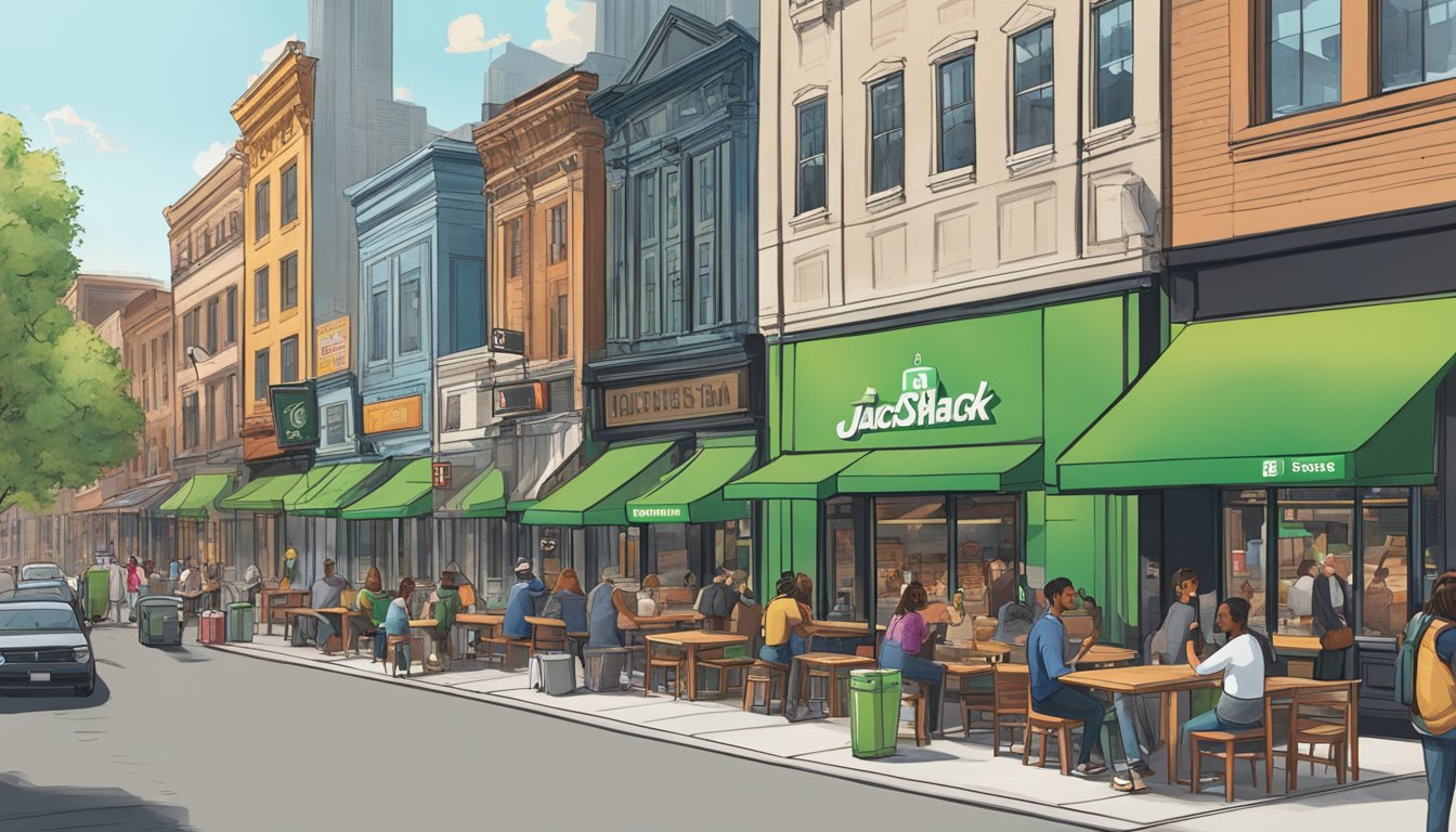 A bustling city street with a Shake Shack and Jack in the Box side by side, each with a line of customers and prominent pricing signs