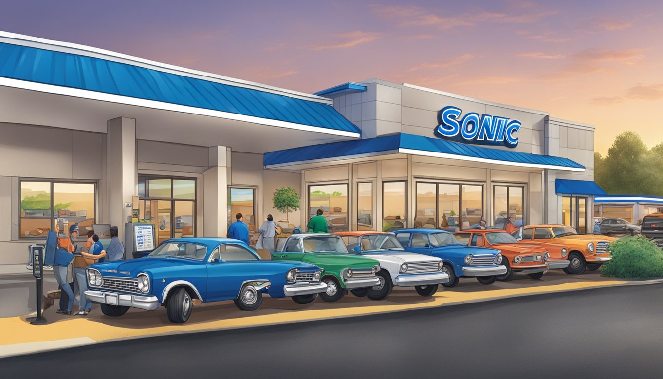 A busy drive-thru scene with cars lined up at Sonic and Culver's, with staff efficiently serving customers at both fast food restaurants