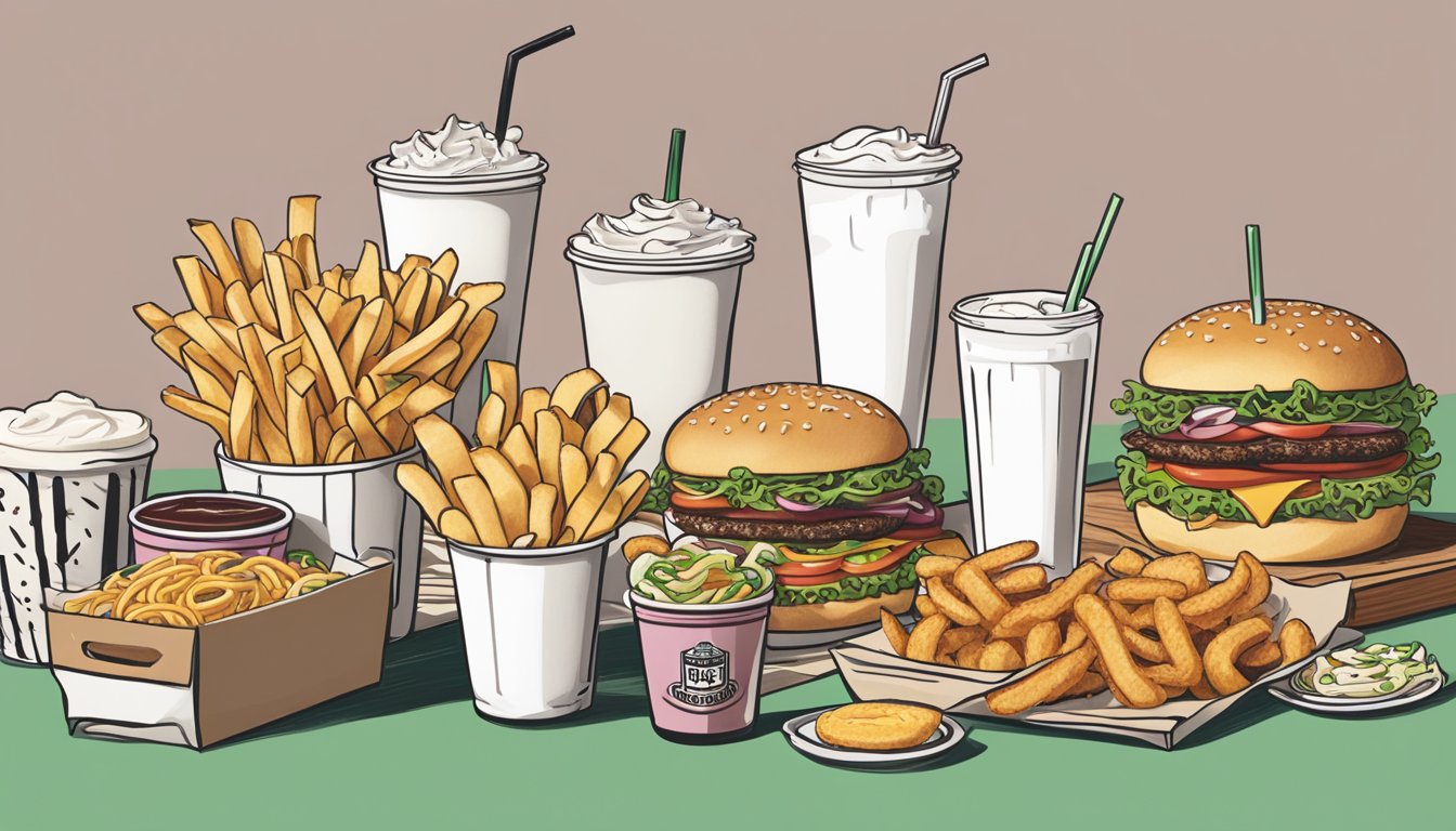 A table with a spread of side orders and snacks from Shake Shack and Jack in the Box, including fries, onion rings, and milkshakes