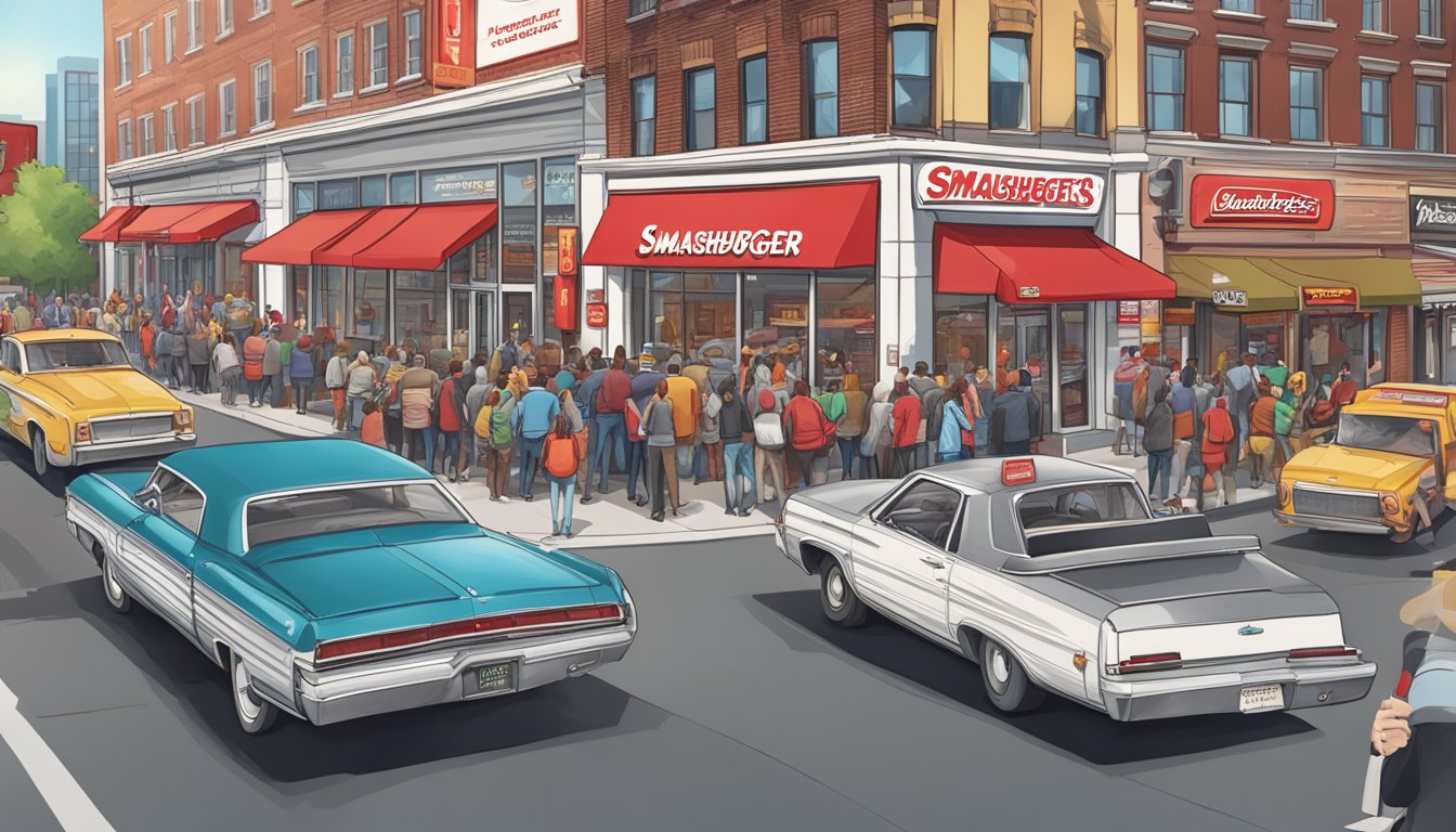 A bustling cityscape with a modern Smashburger and a classic Hardee's standing side by side, surrounded by busy streets and eager customers